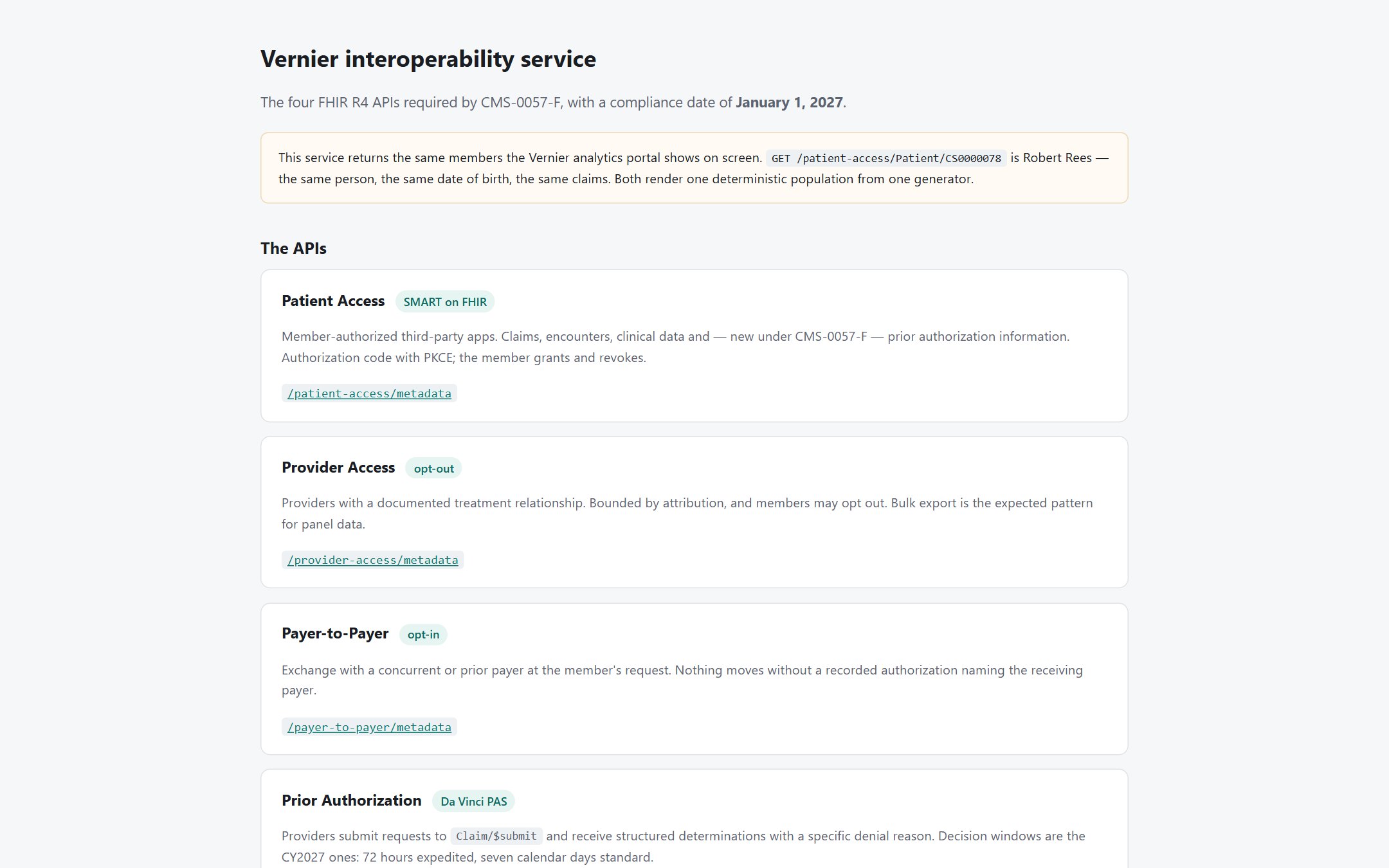 Vernier FHIR service home page listing the four CMS-0057-F APIs