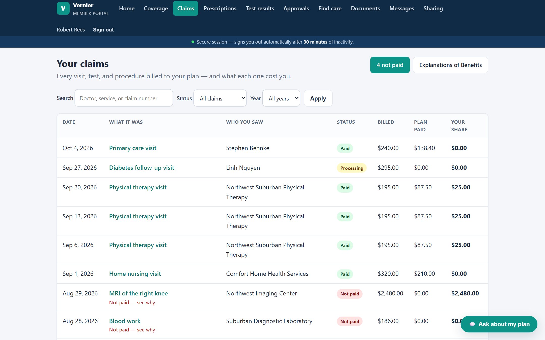 Vernier Member Portal claims list with plain-language explanations